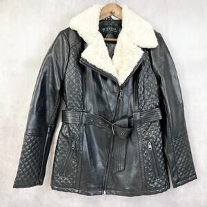 Guess Womens Moto Jacket L Black Faux Leather Quilted Belted Y2K Edgy Chic